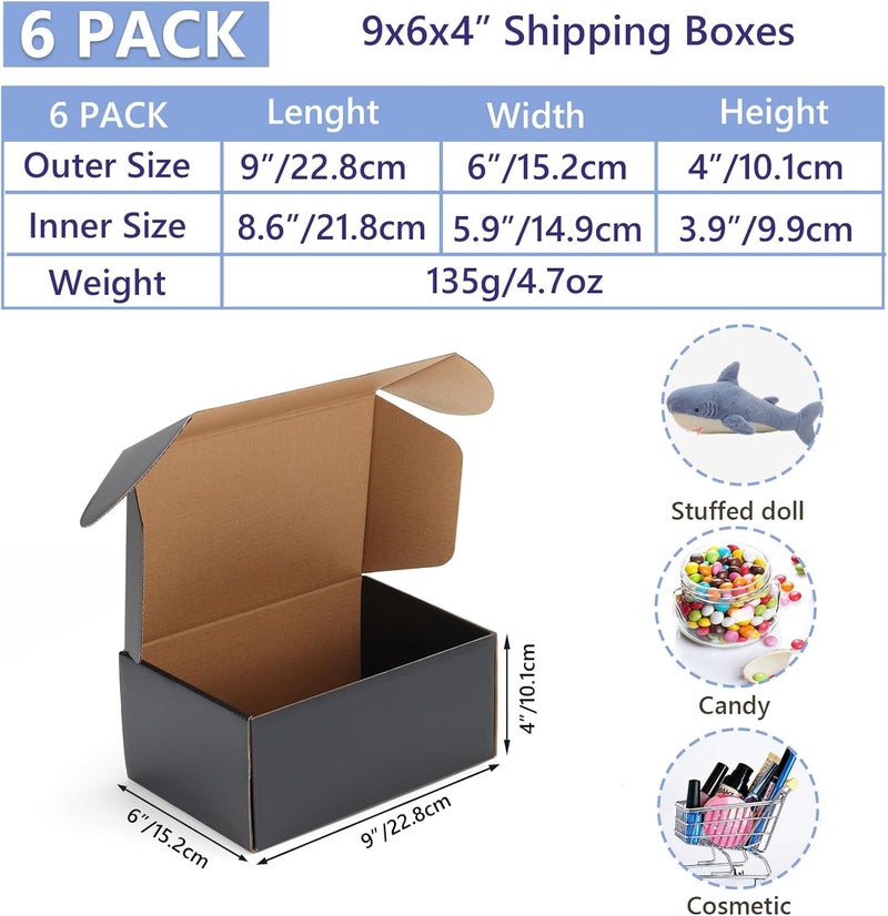 EXYGLO 6 Pack 9x6x4 Shipping Boxes, Black Corrugated Cardboard Boxes for Packaging Small Business, Moving, Shipping, Mailing, and Storing - Image 2